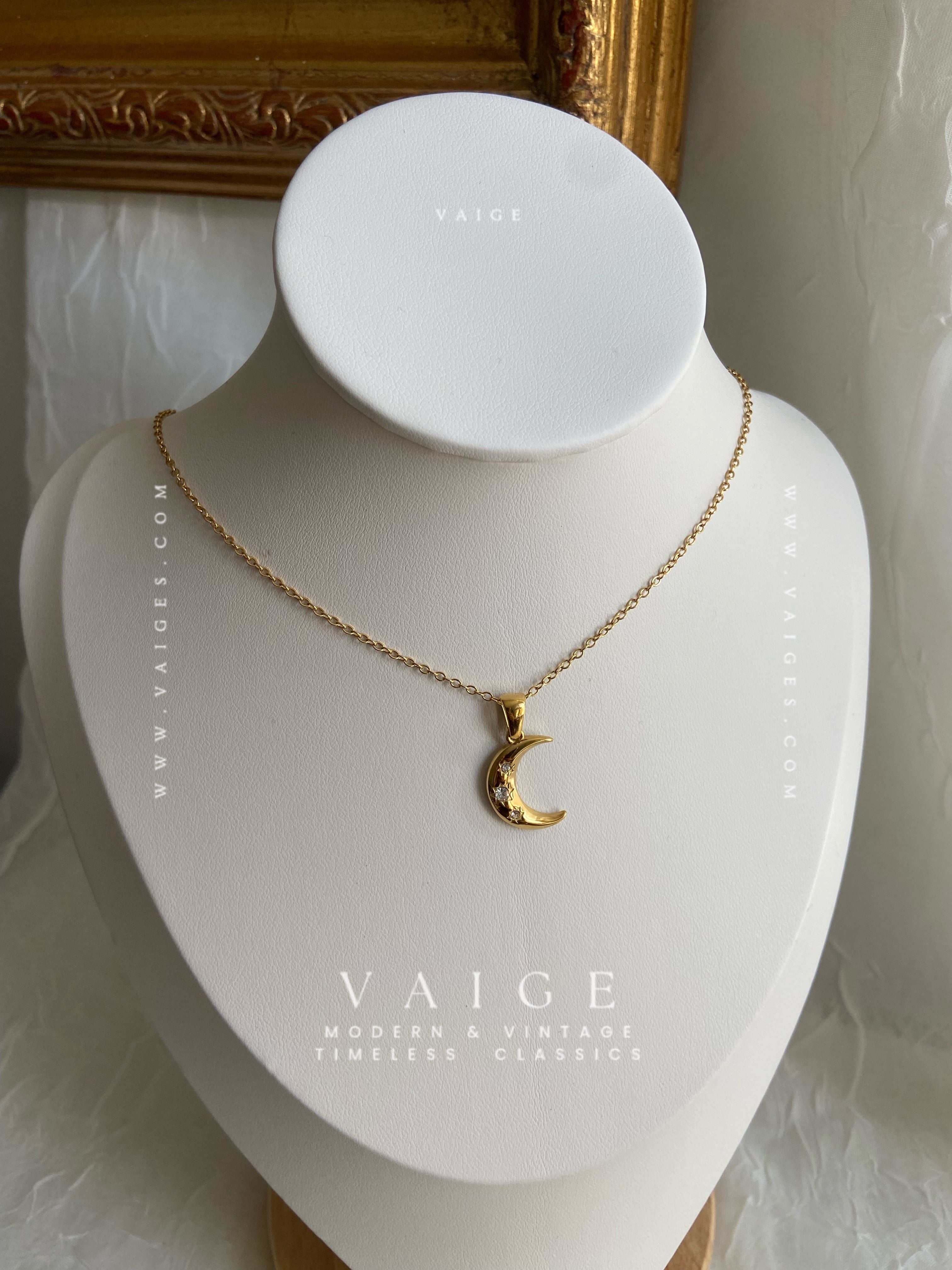 VAIGE Inlaid CZ Moon Charm 18K Golden Stainless Steel Necklace